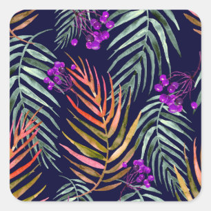 Tropische waterverf bladeren, abstracte plons. vierkante sticker