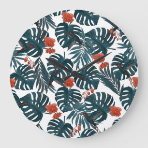 Tropische waterverf, bladeren, bloemen, kolibries grote klok