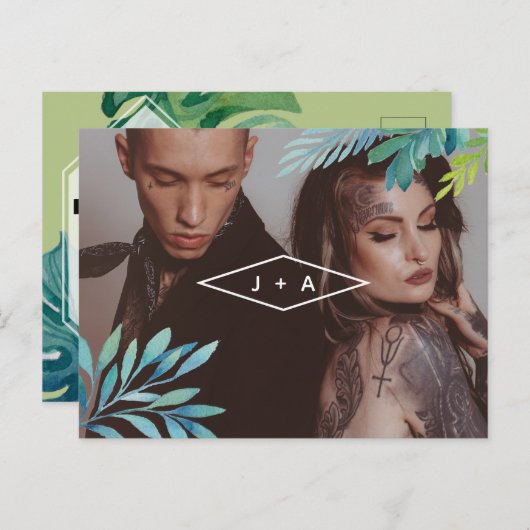 Tropische Waterverf bladeren de datum opslaan Aankondigingskaart (Voorkant / Achterkant)