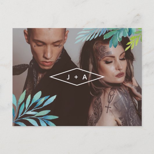 Tropische Waterverf bladeren de datum opslaan Aankondigingskaart (Voorkant)