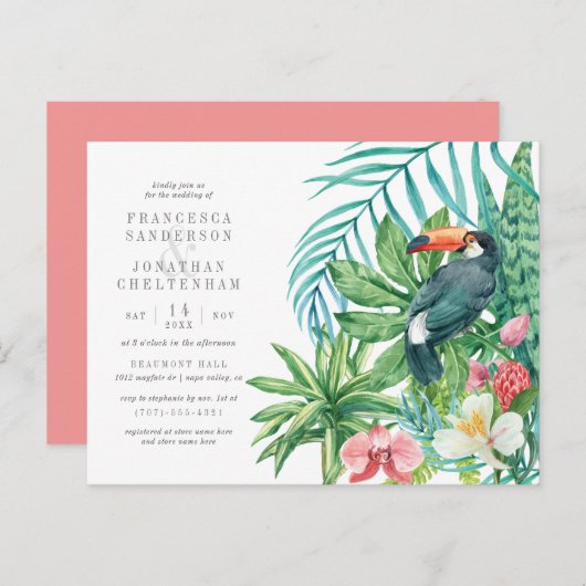 Tropische Waterverf bladeren & Toucan bruiloft Uitnodiging Briefkaart (Voorkant / Achterkant)