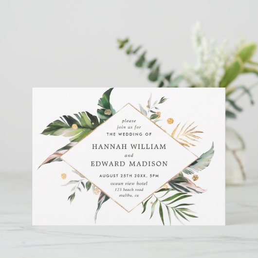 Tropische Waterverf Bladgroen Goud Bruiloft Kaart (Staand voorkant)