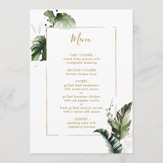 Tropische Waterverf Bladgroen Goud Bruiloft Menu (Voorkant)