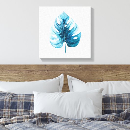 Tropische Waterverf Blauw Monstera Illustratie Canvas Afdruk (Insitu (Slaapkamer))