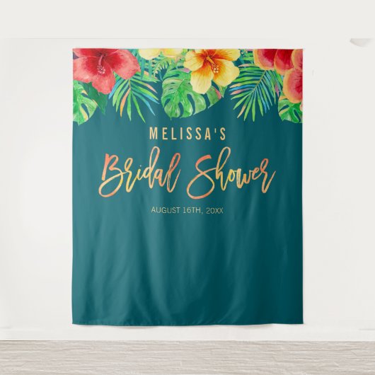 Tropische Waterverf Bloemen Bruidsdouche Achtergro Wandkleed (Voorkant)
