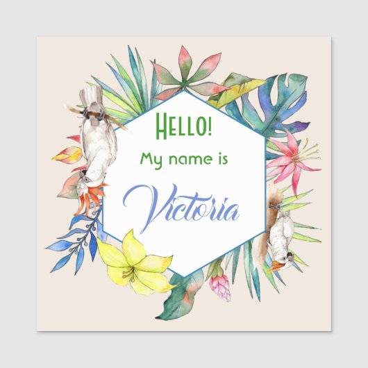 Tropische Waterverf bloemen en vogelgroot vierkant Naamplaatje (Voorkant)