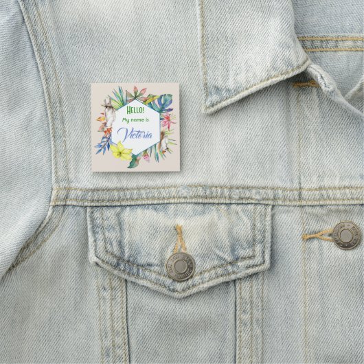 Tropische Waterverf bloemen en vogelgroot vierkant Naamplaatje (In situ)