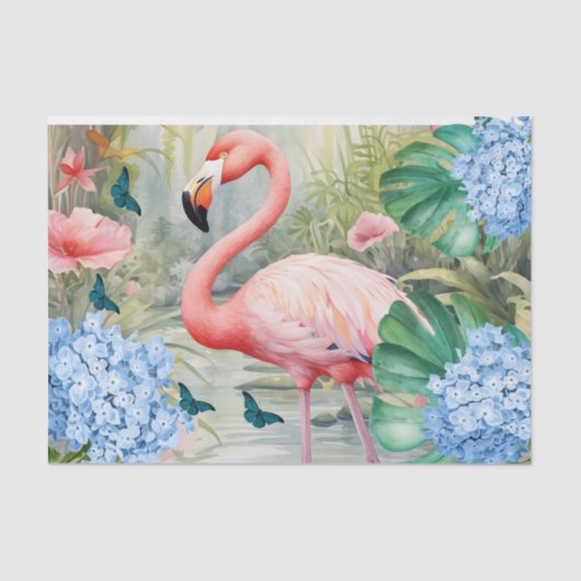 Tropische Waterverf Bloemen Flamingo & Vlinders Tissuepapier (Voorkant)