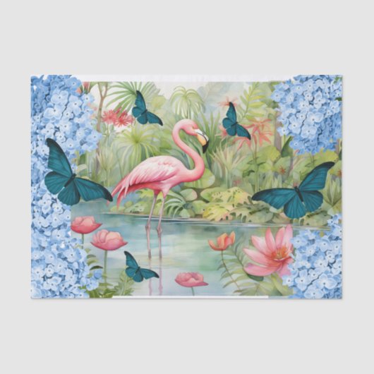 Tropische Waterverf Bloemen Flamingo & Vlinders Tissuepapier (Voorkant)