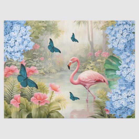 Tropische Waterverf Bloemen Flamingo & Vlinders Tissuepapier (Voorkant)
