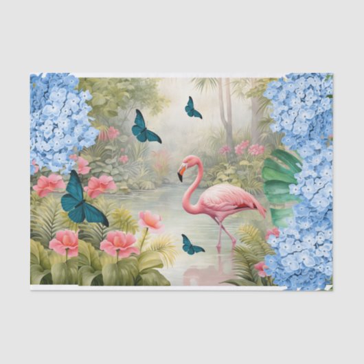 Tropische Waterverf Bloemen Flamingo & Vlinders Tissuepapier (Voorkant)