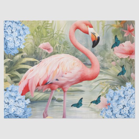 Tropische Waterverf Bloemen Flamingo & Vlinders Tissuepapier (Voorkant)