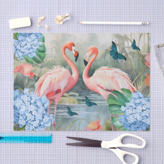 Tropische Waterverf Bloemen Flamingo & Vlinders Tissuepapier (Craft)