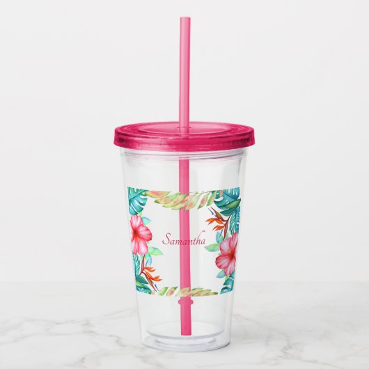 Tropische Waterverf Bloemen Gepersonaliseerd Acryl Drinkbeker (Voorkant)