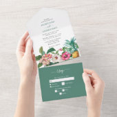 Tropische Waterverf Bloemen & Groen Bruiloft All In One Uitnodiging (Afscheurbaar)