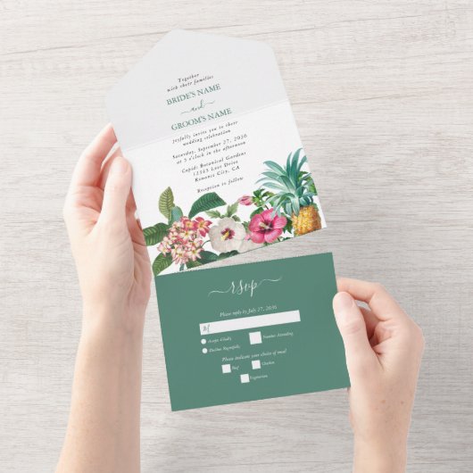 Tropische Waterverf Bloemen & Groen Bruiloft All In One Uitnodiging (Afscheurbaar)