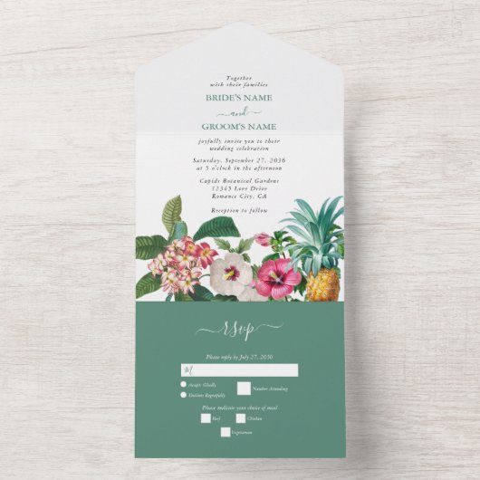 Tropische Waterverf Bloemen & Groen Bruiloft All In One Uitnodiging (Binnen)