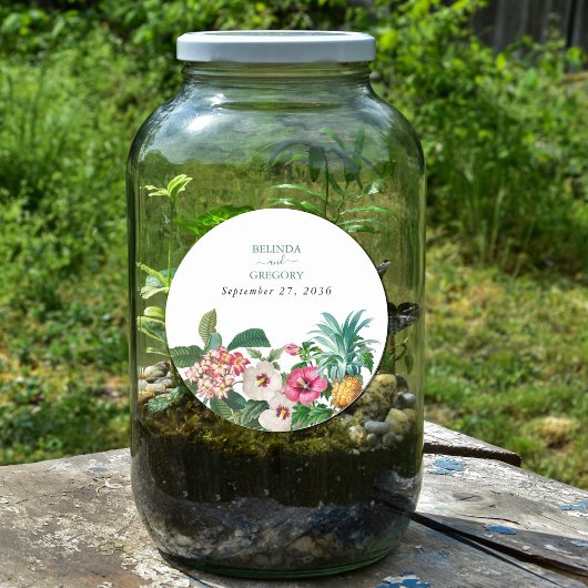 Tropische Waterverf Bloemen & Groen Bruiloft Ronde Sticker