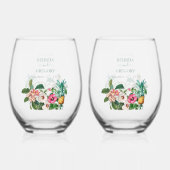 Tropische Waterverf Bloemen & Groen Bruiloft Wijnglas Zonder Voet (Achterkant)