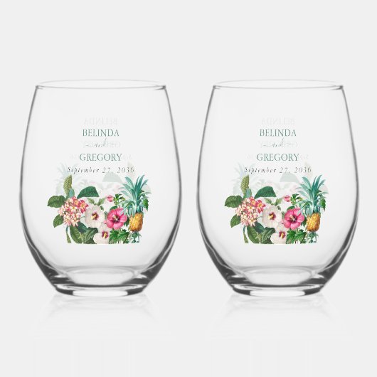 Tropische Waterverf Bloemen & Groen Bruiloft Wijnglas Zonder Voet (Achterkant)