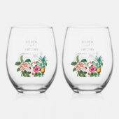 Tropische Waterverf Bloemen & Groen Bruiloft Wijnglas Zonder Voet (Voorkant)