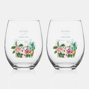 Tropische Waterverf Bloemen & Groen Bruiloft Wijnglas Zonder Voet