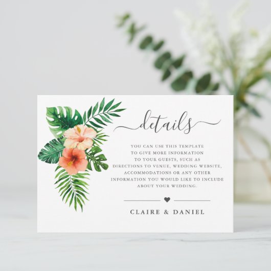 Tropische Waterverf Bloemen Groene Bruiloft Detail Informatiekaartje (Staand voorkant)