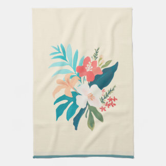 Tropische waterverf bloemen in koraal en turquoise theedoek