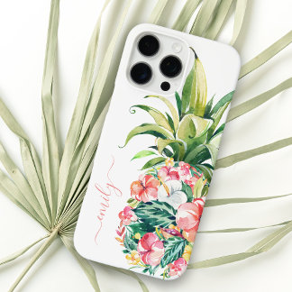 Tropische Waterverf Bloemenananas met naam iPhone 16 Pro Max Hoesje