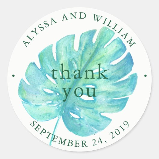 Tropische Waterverf bruiloft | Blauw blad Ronde Sticker (Voorkant)