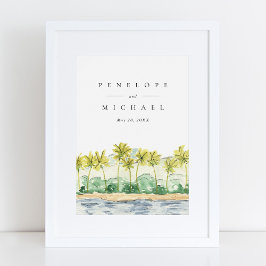 Tropische Waterverf Bruiloft met Palmboom aan Stra Poster