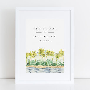 Tropische Waterverf Bruiloft met Palmboom aan Stra Poster