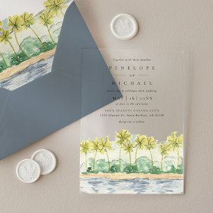 Tropische Waterverf Bruiloft met Palmboom op Stran Acryl Uitnodigingen