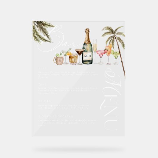 Tropische Waterverf Cocktails Bruiloft Bar Menu Acryl Bord (Voorkant)