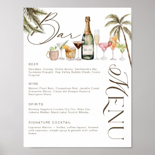 Tropische Waterverf Cocktails Bruiloft Bar Menu Poster (Voorkant)