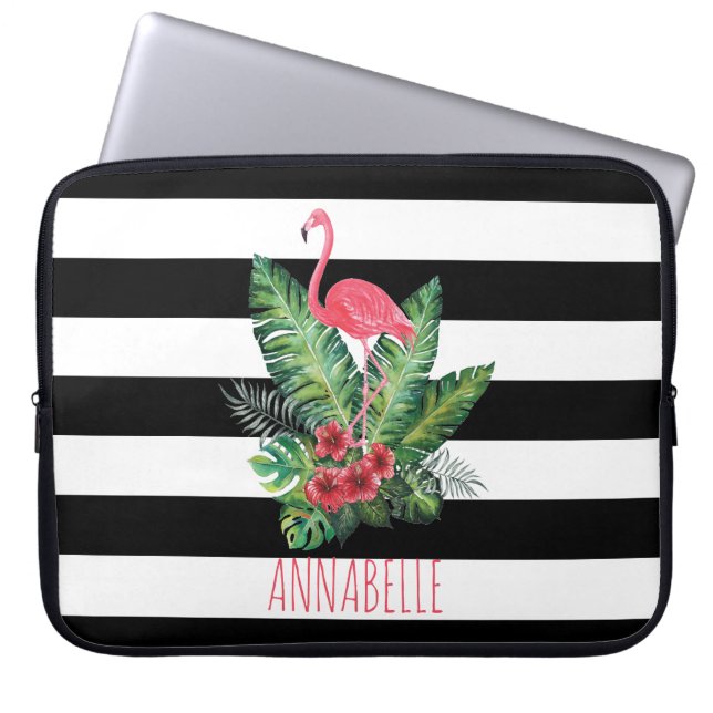 Tropische Waterverf Flamingo en strepen Laptop Sleeve (Voorkant)