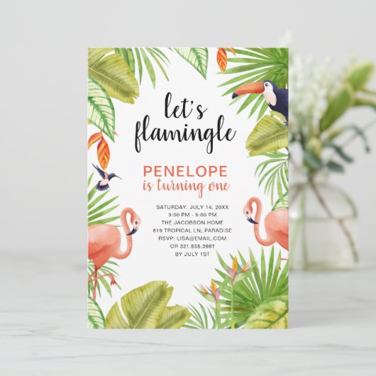 Tropische Waterverf Flamingo First Birthday Kaart (Staand voorkant)