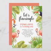 Tropische Waterverf Flamingo First Birthday Kaart (Voorkant / Achterkant)