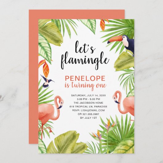 Tropische Waterverf Flamingo First Birthday Kaart (Voorkant / Achterkant)