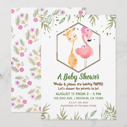Tropische Waterverf Flamingo & Giraffe Baby shower Kaart (Voorkant / Achterkant)