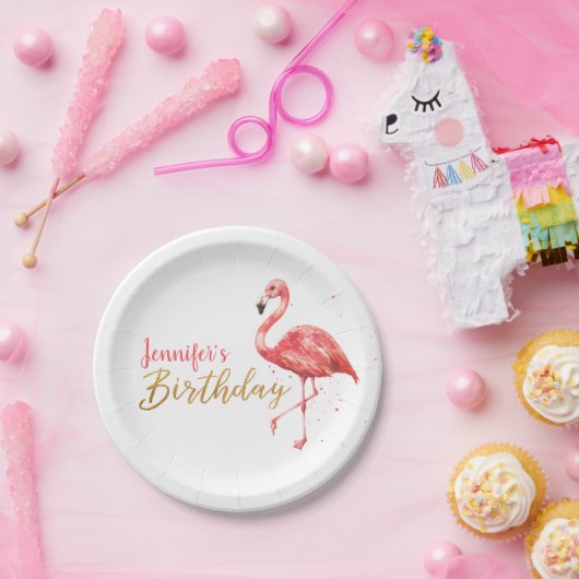 Tropische Waterverf Flamingo Gold Verjaardag | Papieren Bordje (Feest)