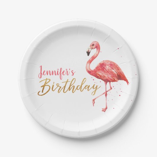 Tropische Waterverf Flamingo Gold Verjaardag | Papieren Bordje (Voorkant)