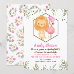 Tropische Waterverf Flamingo & Lion Baby shower Kaart