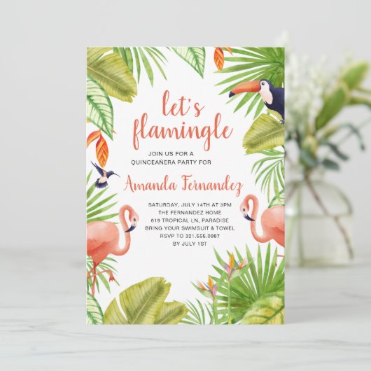 Tropische Waterverf Flamingo Quinceañera Kaart (Staand voorkant)