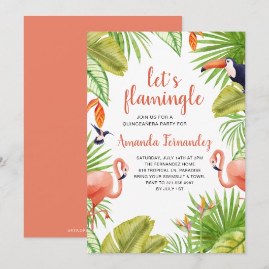 Tropische Waterverf Flamingo Quinceañera Kaart (Voorkant / Achterkant)
