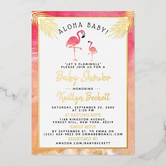 Tropische Waterverf Flamingo Real Baby shower Folie Uitnodiging (Voorkant)