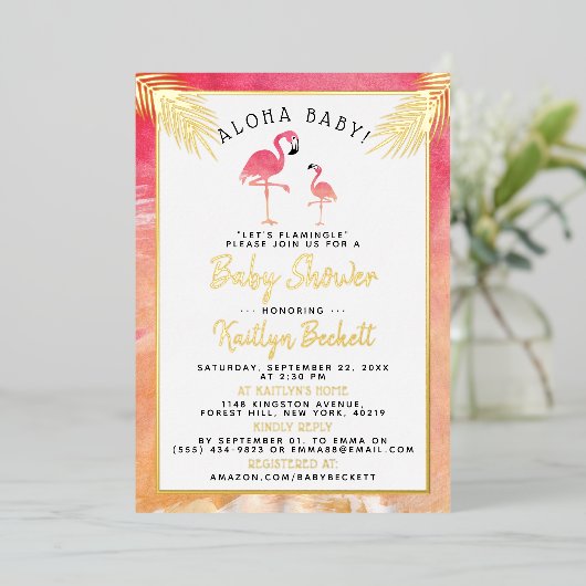 Tropische Waterverf Flamingo Real Baby shower Folie Uitnodiging (Staand Voorkant)