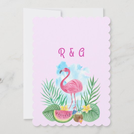 Tropische Waterverf Flamingo Roze Palmbruiloft Kaart (Achterkant)