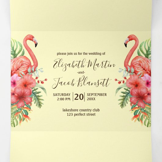Tropische Waterverf Flamingo's Alles in een bruilo Drieluik Uitnodiging (Binnenkant midden)