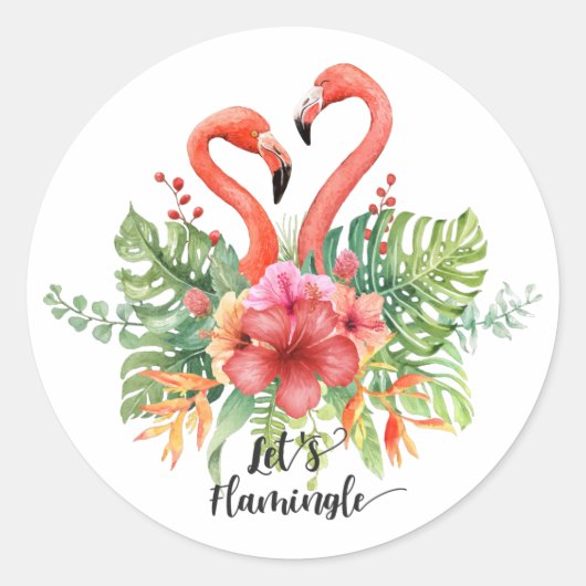 Tropische Waterverf Flamingo's & Hibiscus Pun Ronde Sticker (Voorkant)